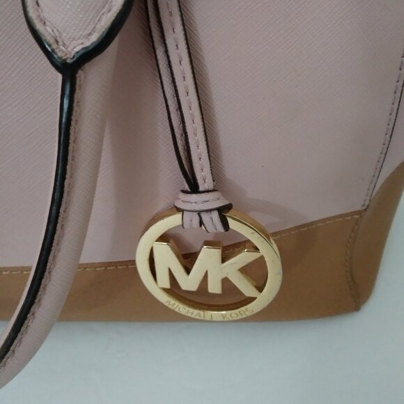 Michael Kors Satchel Bag Purse Double Handle Logo Charm Pink/Tan - Picture 16 of 16